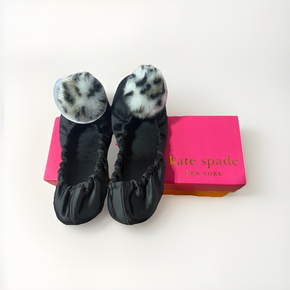 New‎ Kate Spade New York Leopard Pom Pom Satin Slippers Womens Size 7